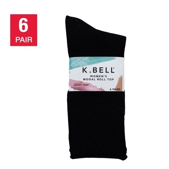 K. BELL Modal Roll Top Socks, 6 Pairs, Womens, Black, Fits Shoe Sizes 5.5-10 NWT - Picture 2 of 6